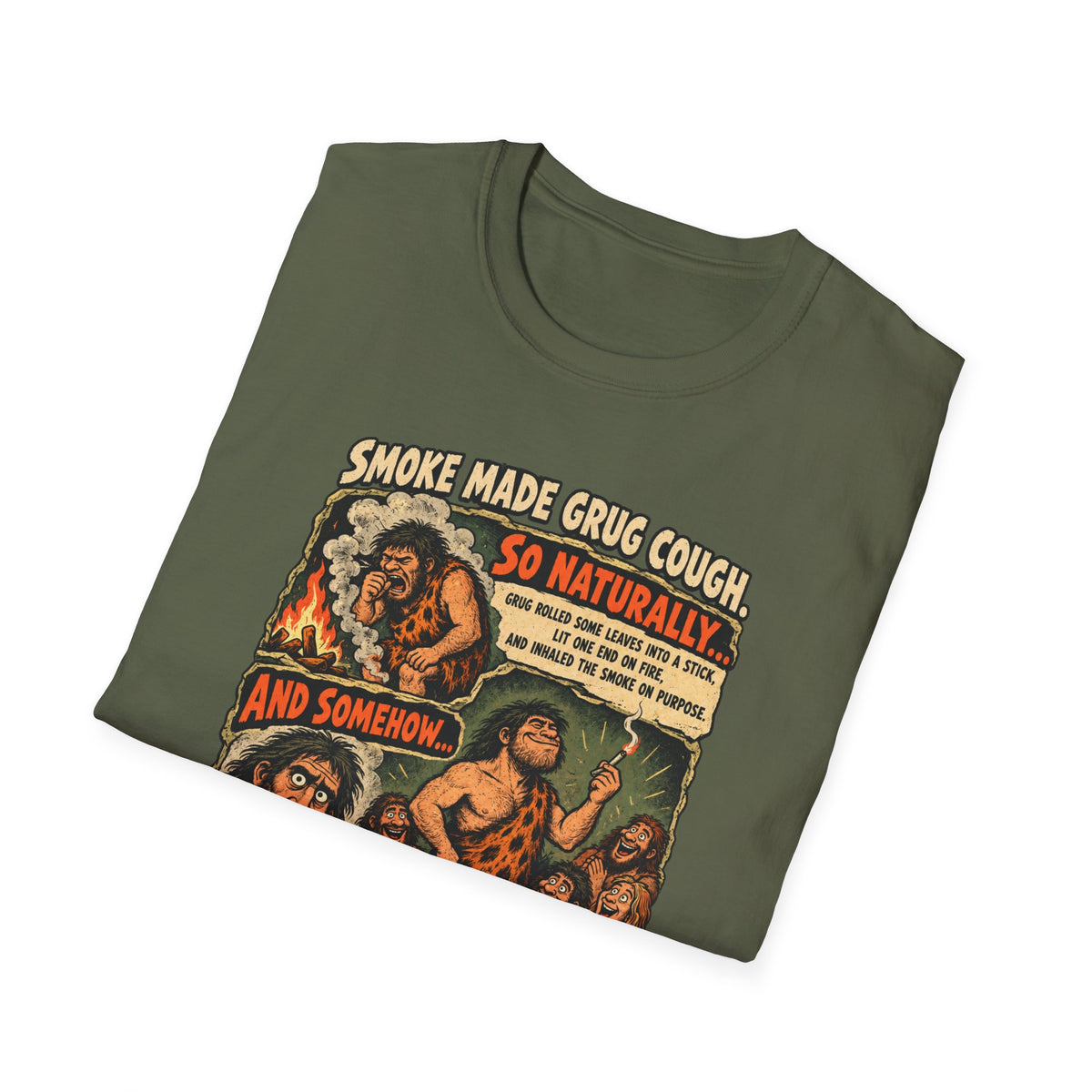 Grug Smoking Caveman Comic Tee T-Shirt | Vintage Caveman Illustration, Humorous Primitive Design