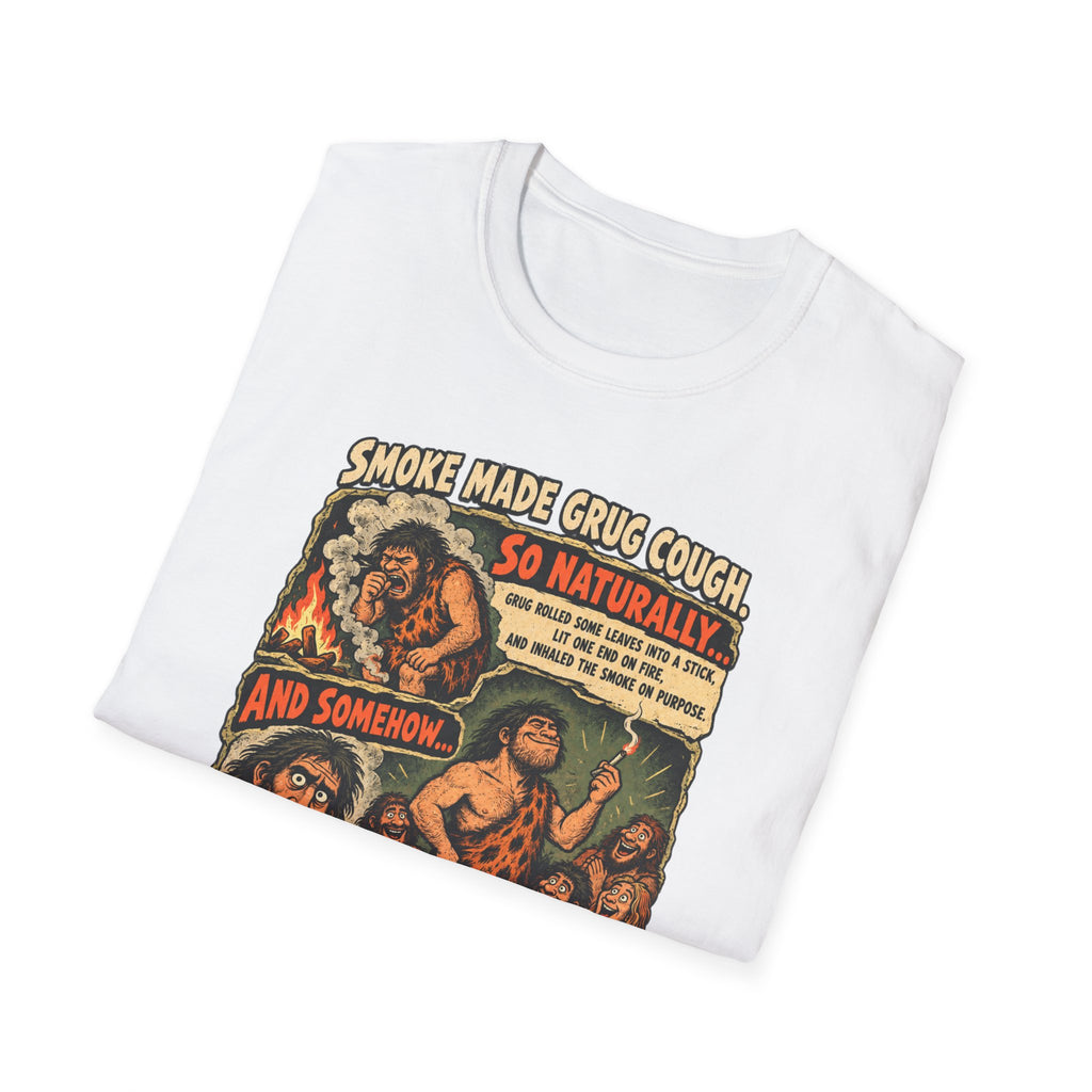 Grug Smoking Caveman Comic Tee T-Shirt | Vintage Caveman Illustration, Humorous Primitive Design