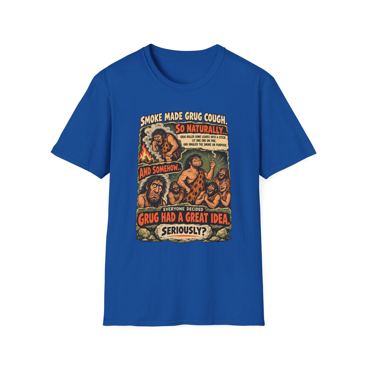Grug Smoking Caveman Comic Tee T-Shirt | Vintage Caveman Illustration, Humorous Primitive Design