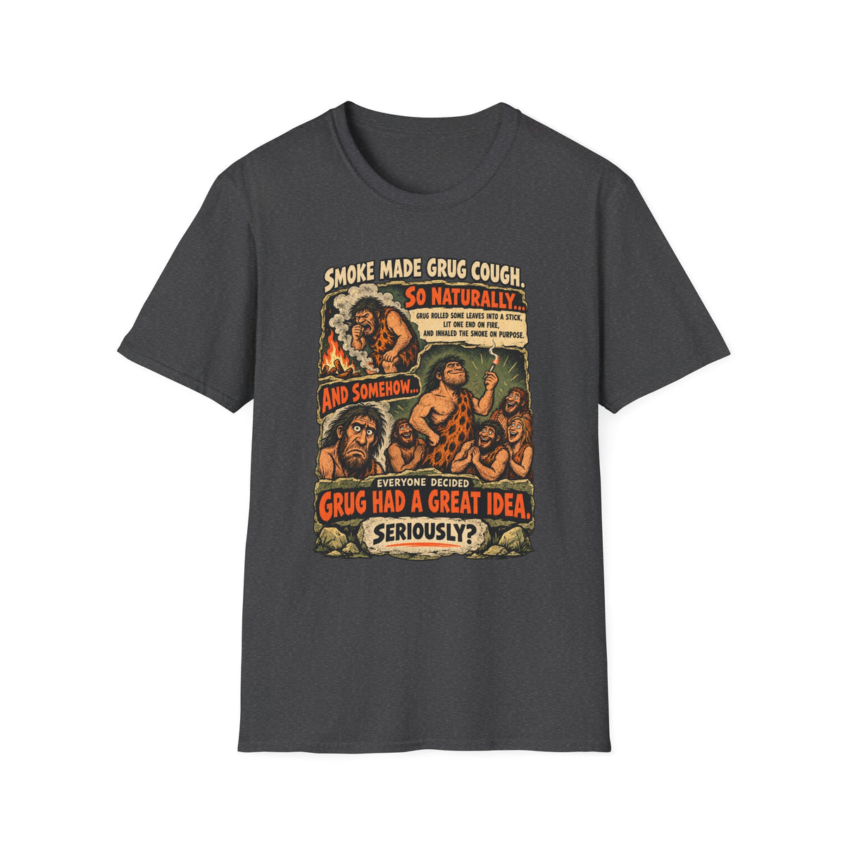 Grug Smoking Caveman Comic Tee T-Shirt | Vintage Caveman Illustration, Humorous Primitive Design