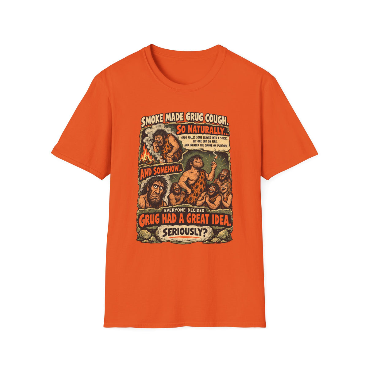 Grug Smoking Caveman Comic Tee T-Shirt | Vintage Caveman Illustration, Humorous Primitive Design