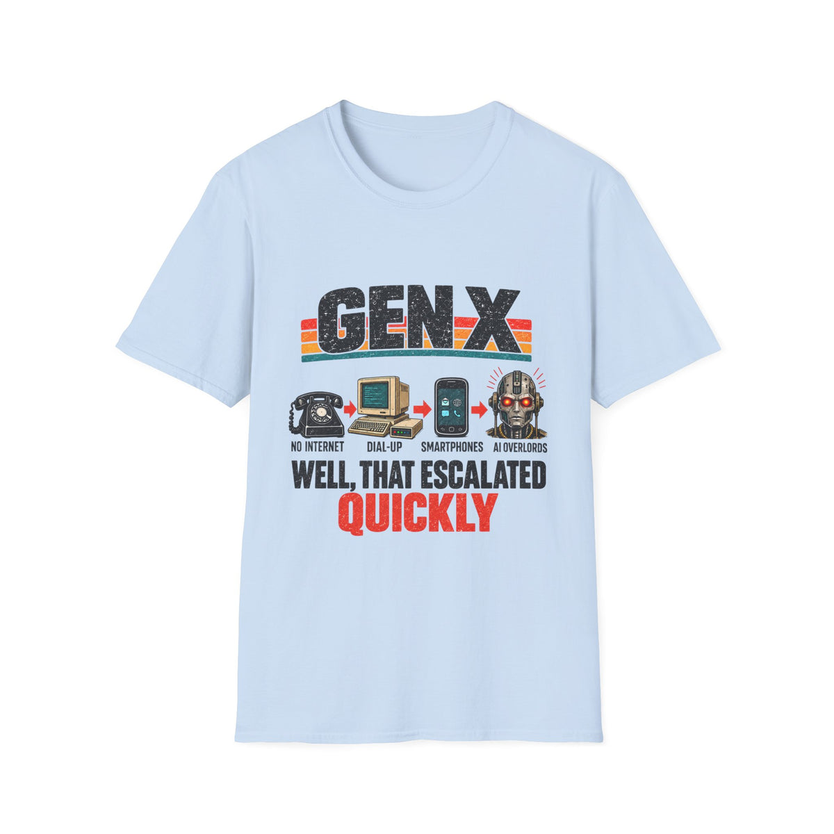 Gen X Well That Escalated Quickly T-Shirt | Retro tech evolution graphic