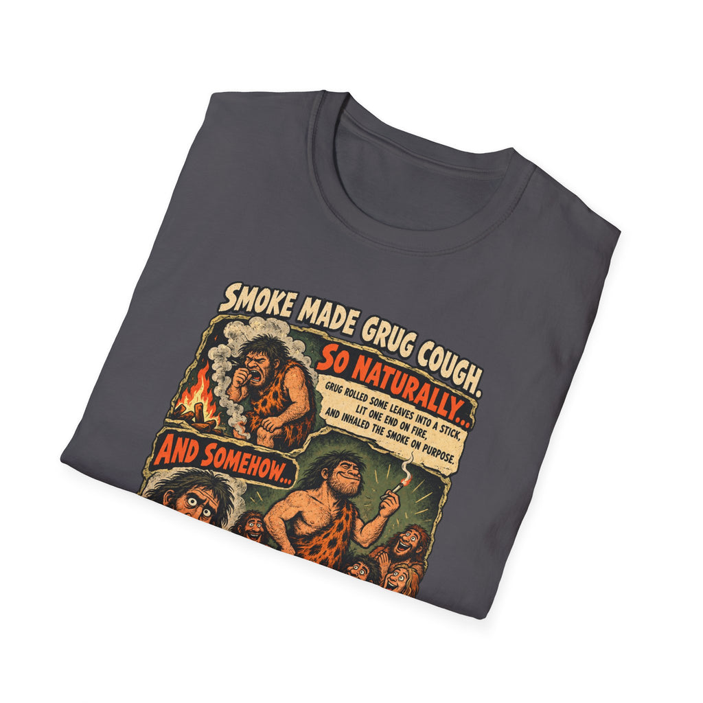 Grug Smoking Caveman Comic Tee T-Shirt | Vintage Caveman Illustration, Humorous Primitive Design