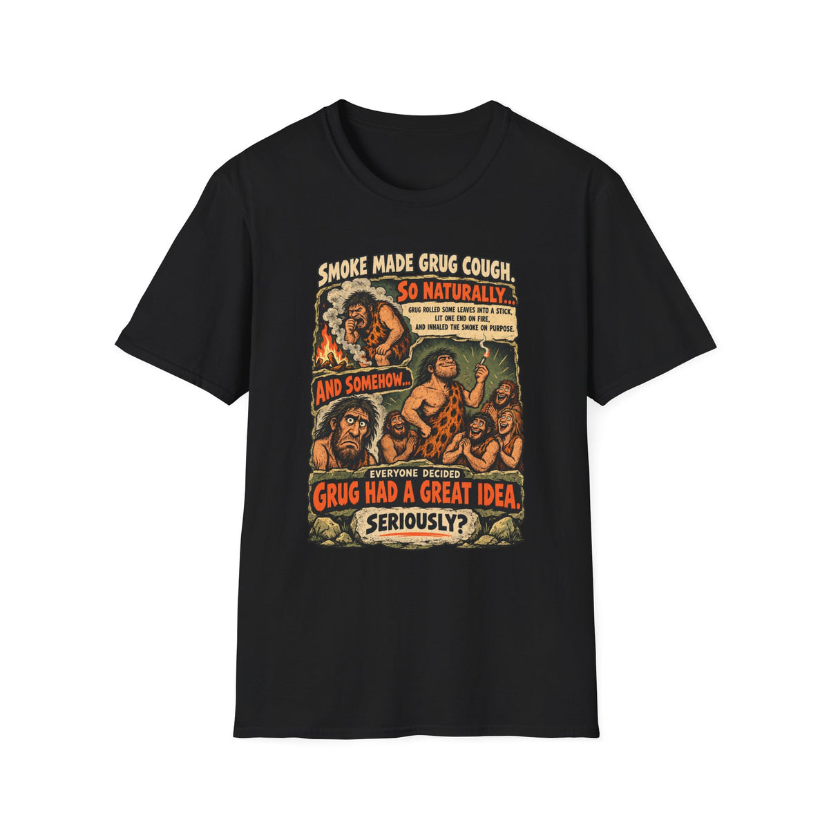 Grug Smoking Caveman Comic Tee T-Shirt | Vintage Caveman Illustration, Humorous Primitive Design