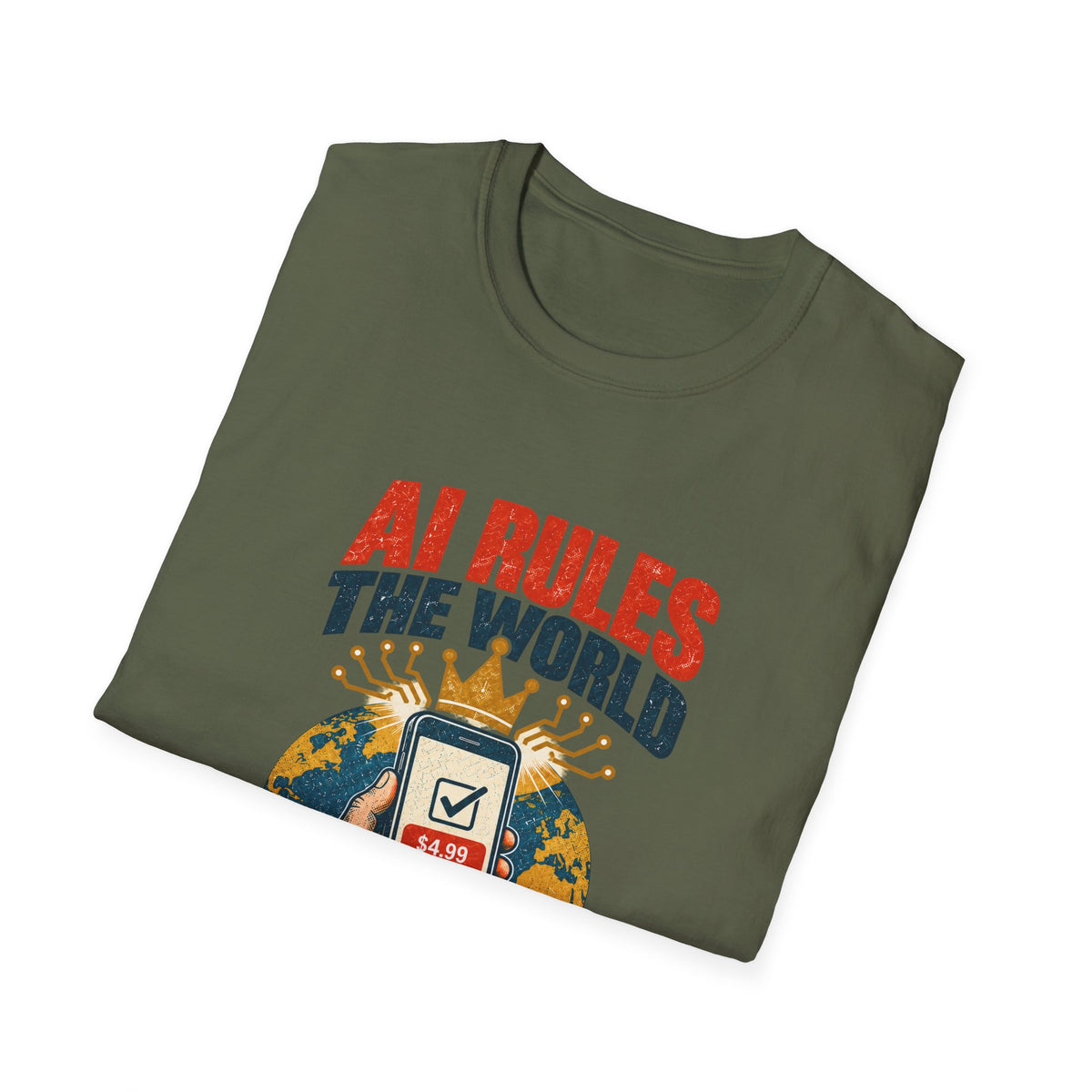 AI Rules the World T-Shirt | Retro Globe, App Popup 'Ads Can Be Removed for 4.99'