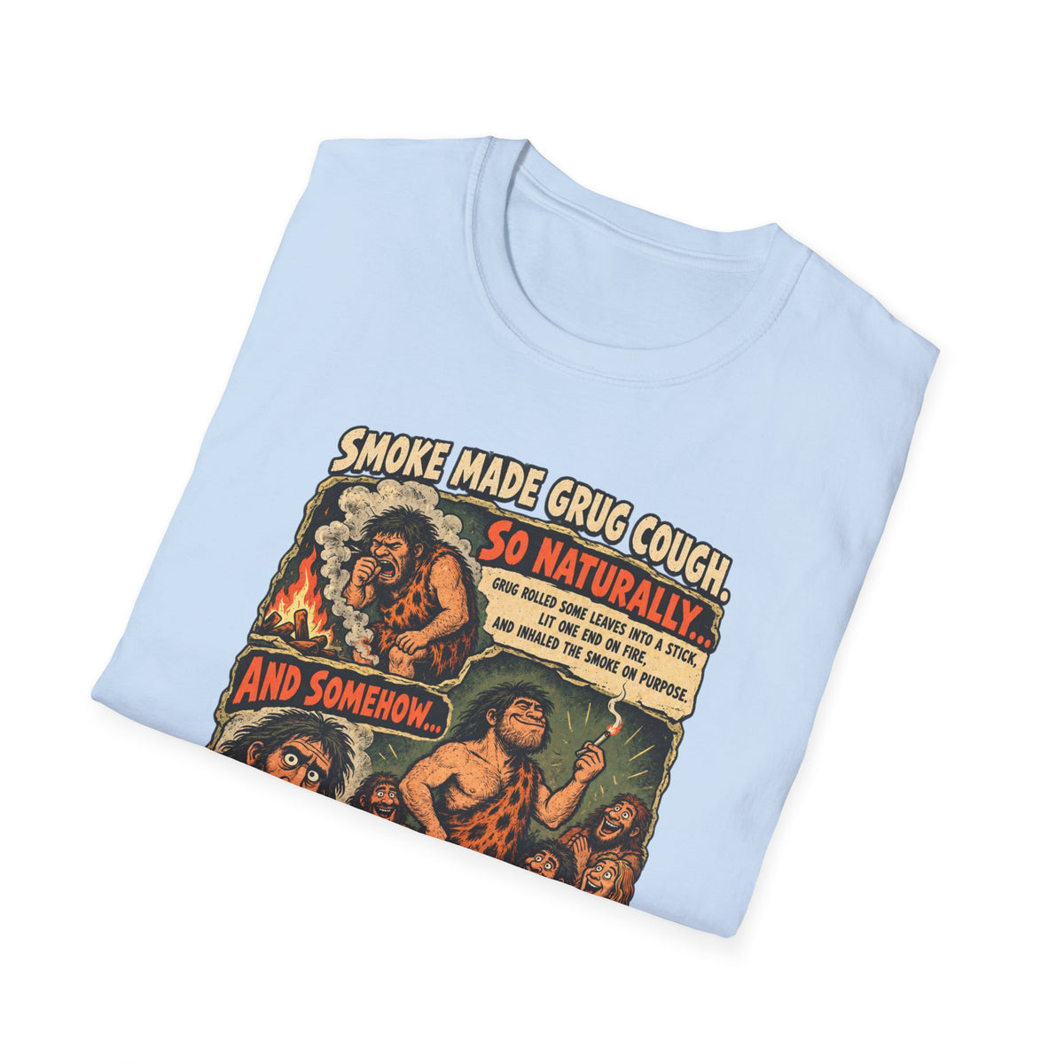 Grug Smoking Caveman Comic Tee T-Shirt | Vintage Caveman Illustration, Humorous Primitive Design