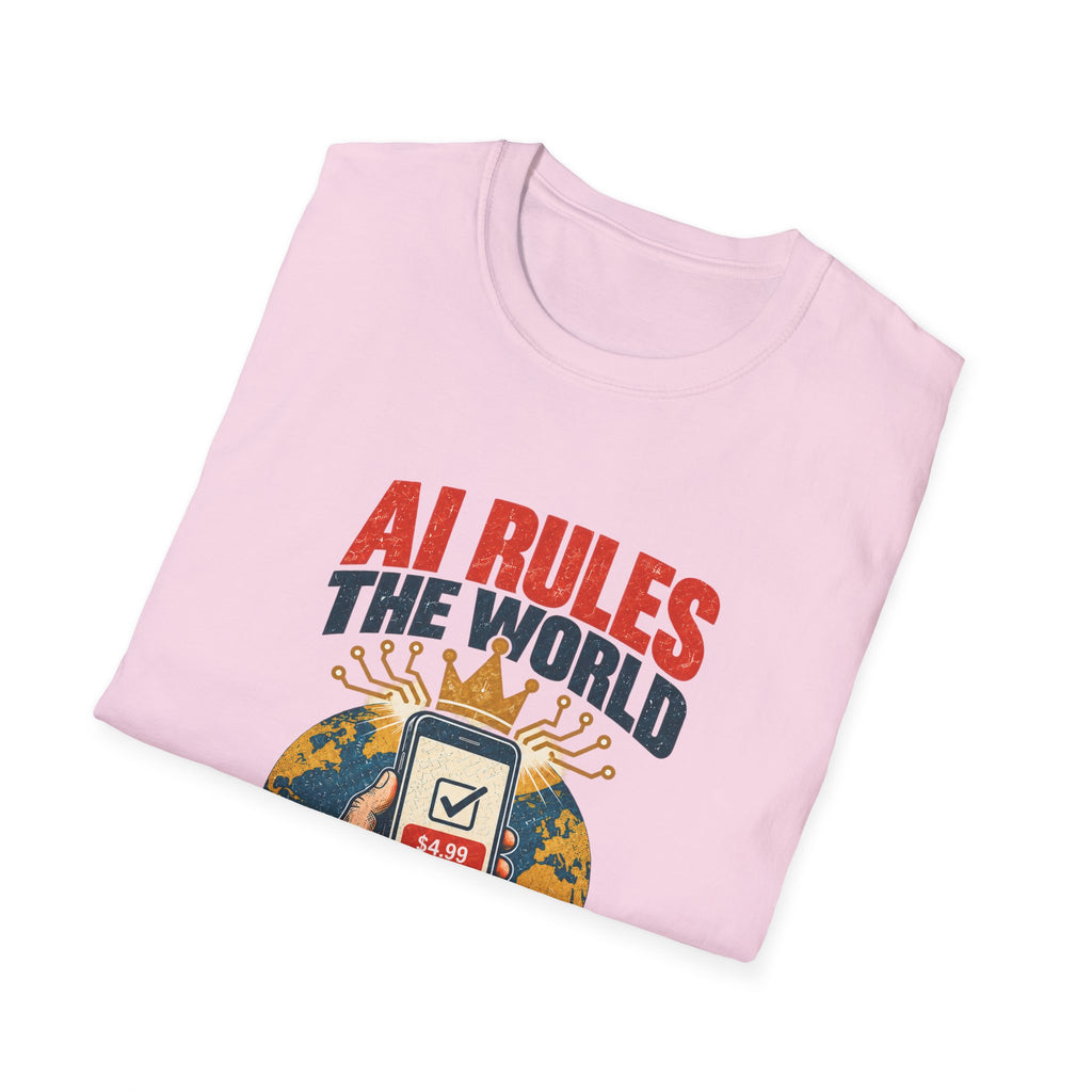 AI Rules the World T-Shirt | Retro Globe, App Popup 'Ads Can Be Removed for 4.99'