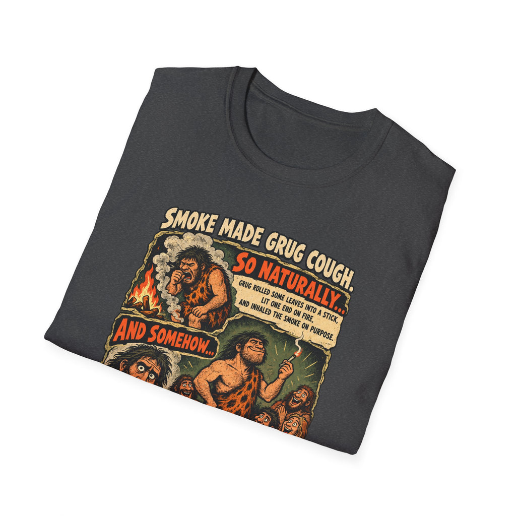 Grug Smoking Caveman Comic Tee T-Shirt | Vintage Caveman Illustration, Humorous Primitive Design