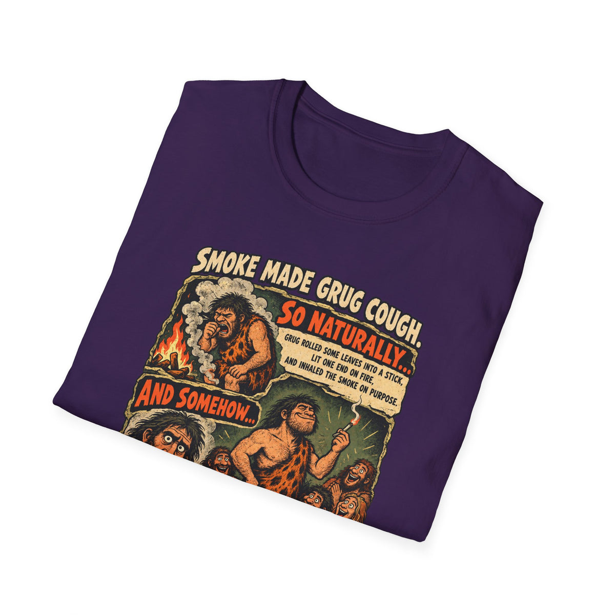 Grug Smoking Caveman Comic Tee T-Shirt | Vintage Caveman Illustration, Humorous Primitive Design