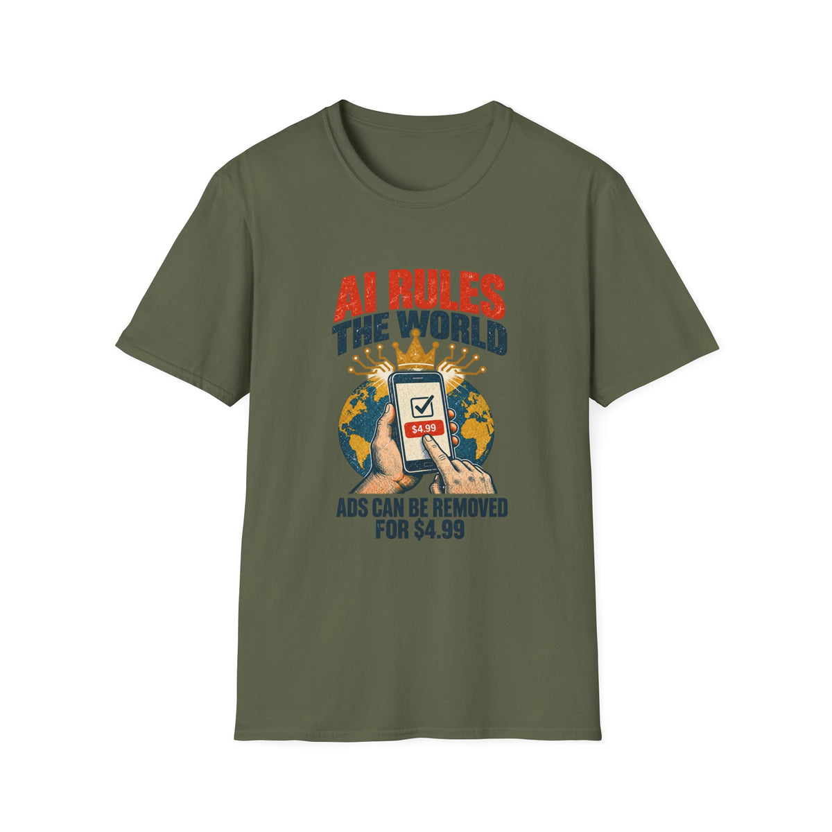 AI Rules the World T-Shirt | Retro Globe, App Popup 'Ads Can Be Removed for 4.99'