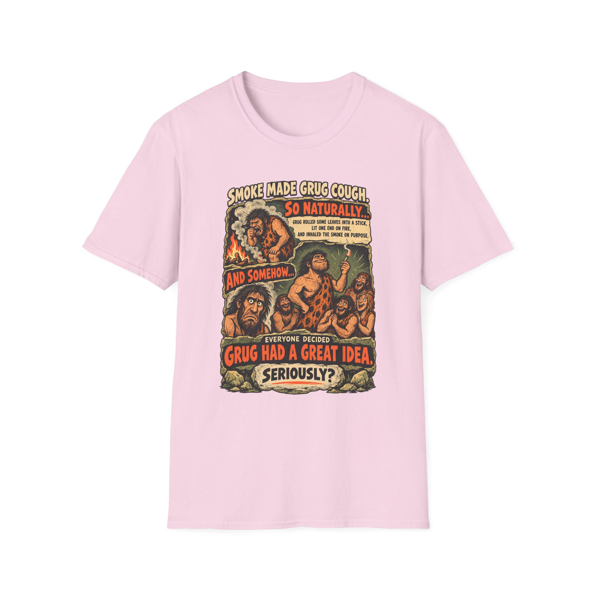 Grug Smoking Caveman Comic Tee T-Shirt | Vintage Caveman Illustration, Humorous Primitive Design