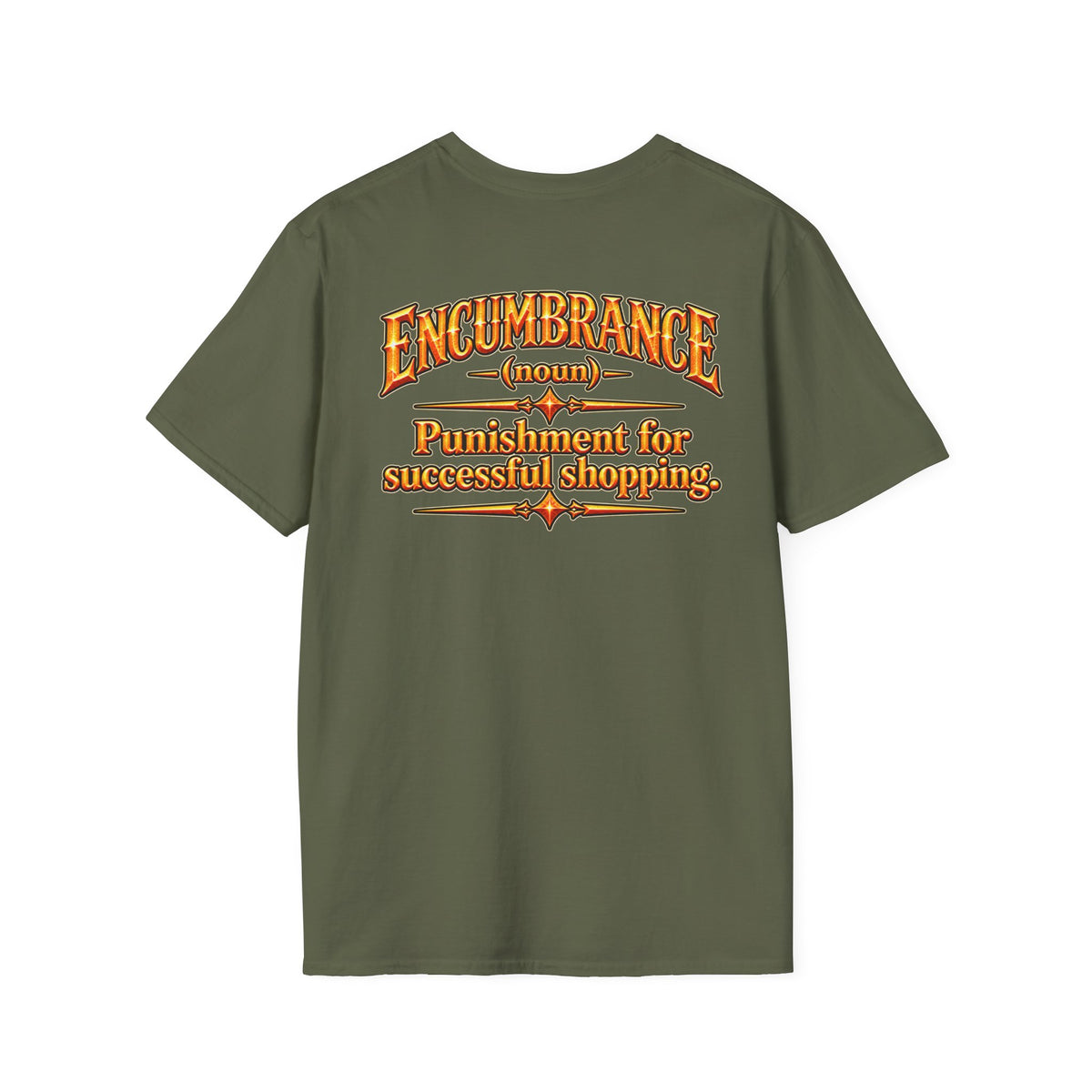 Encumbrance T-Shirt — RPG-Inspired "Encumbrance (noun) — Punishment for successful shopping" Graphic Tee