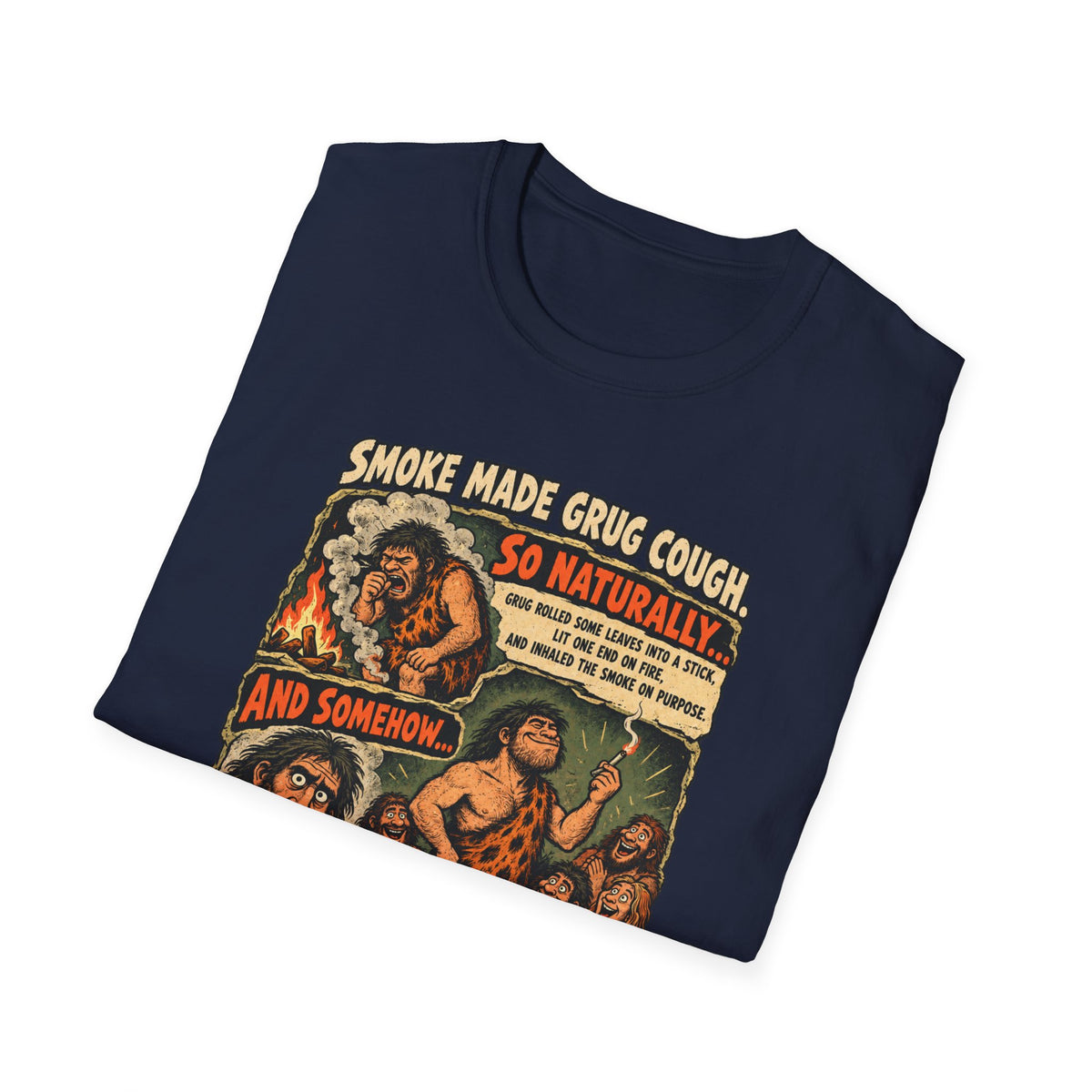 Grug Smoking Caveman Comic Tee T-Shirt | Vintage Caveman Illustration, Humorous Primitive Design