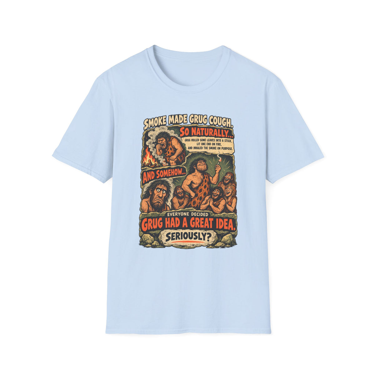 Grug Smoking Caveman Comic Tee T-Shirt | Vintage Caveman Illustration, Humorous Primitive Design