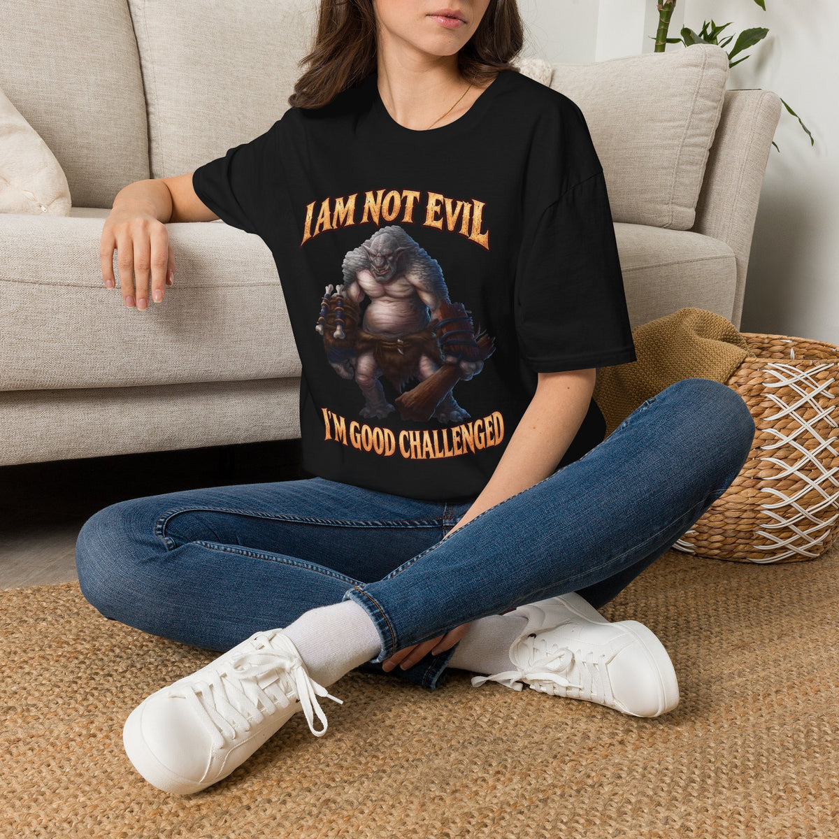 T-Shirt — "I Am Not Evil, I'm Good Challenged" Fantasy Ogre Graphic