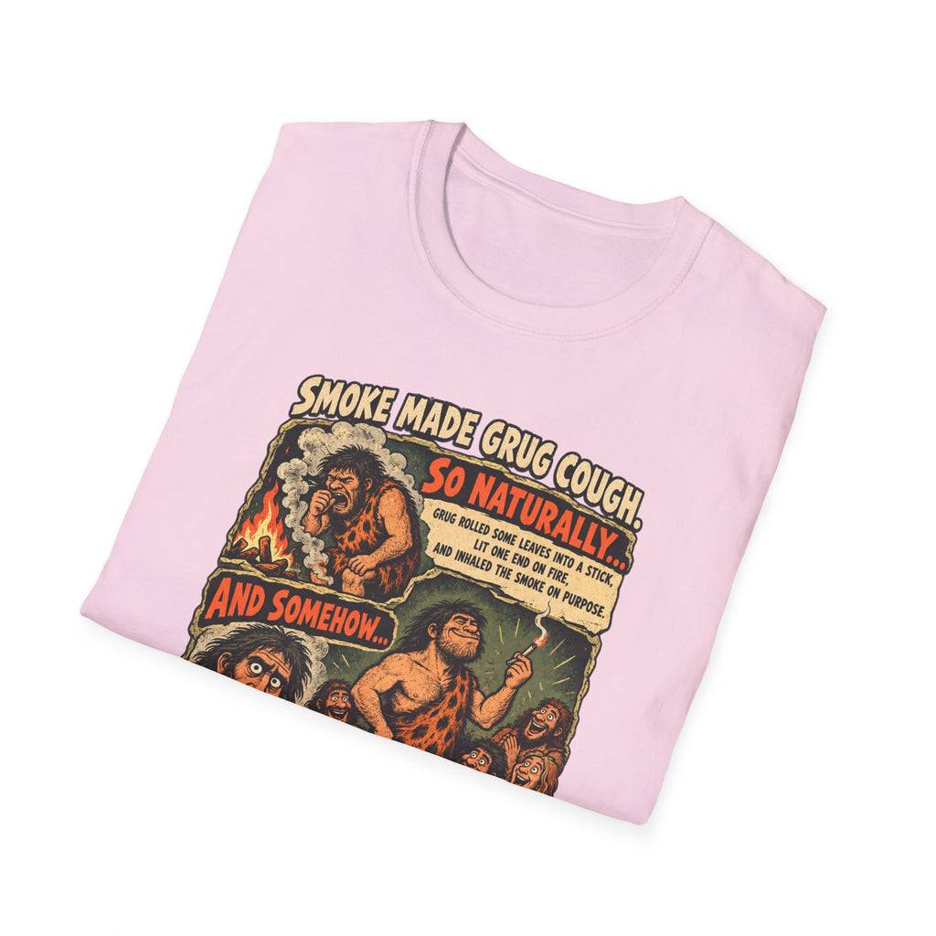 Grug Smoking Caveman Comic Tee T-Shirt | Vintage Caveman Illustration, Humorous Primitive Design