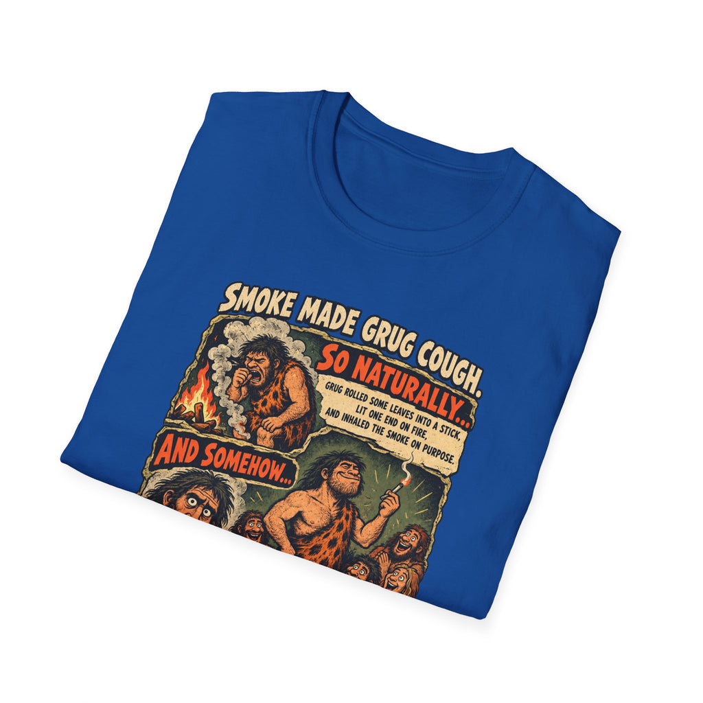 Grug Smoking Caveman Comic Tee T-Shirt | Vintage Caveman Illustration, Humorous Primitive Design