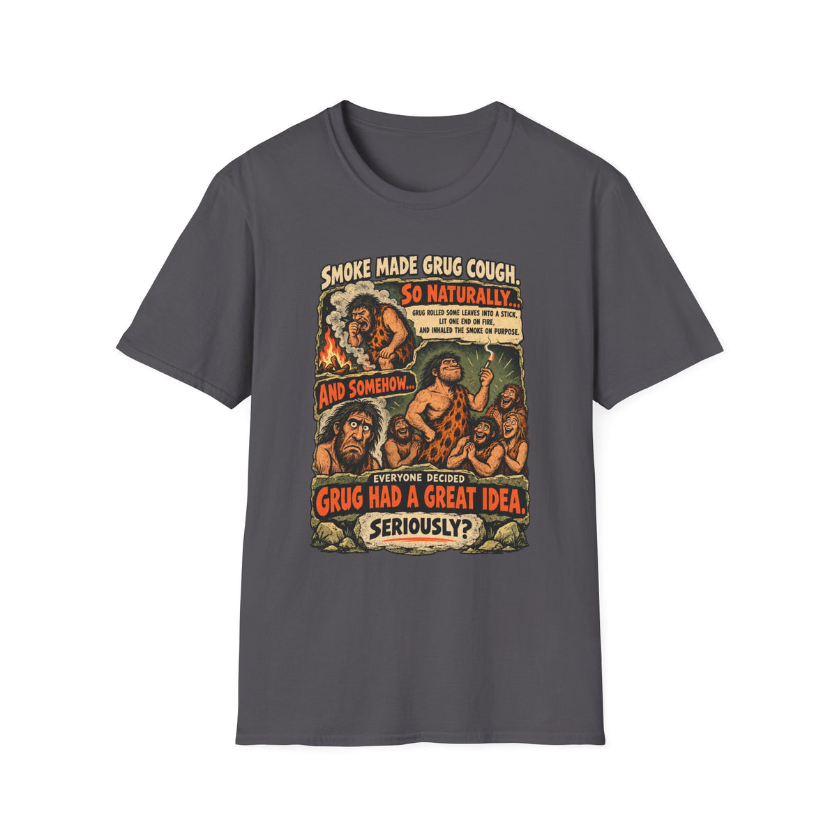 Grug Smoking Caveman Comic Tee T-Shirt | Vintage Caveman Illustration, Humorous Primitive Design