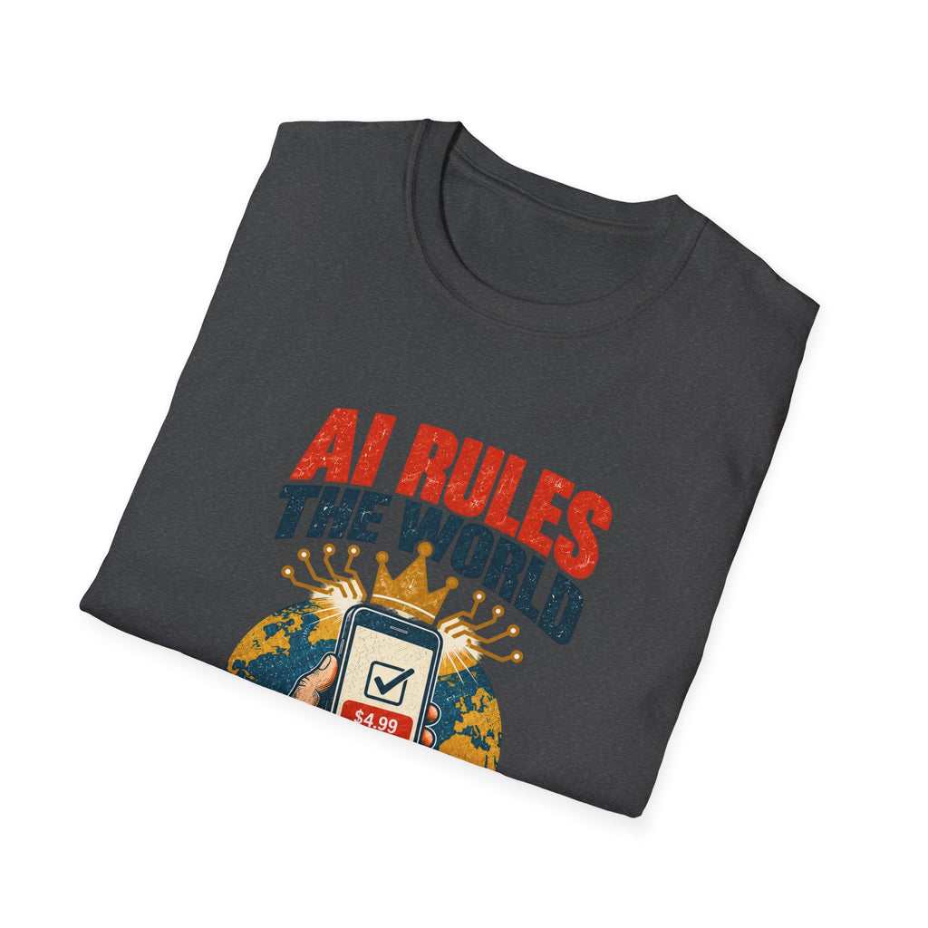 AI Rules the World T-Shirt | Retro Globe, App Popup 'Ads Can Be Removed for 4.99'