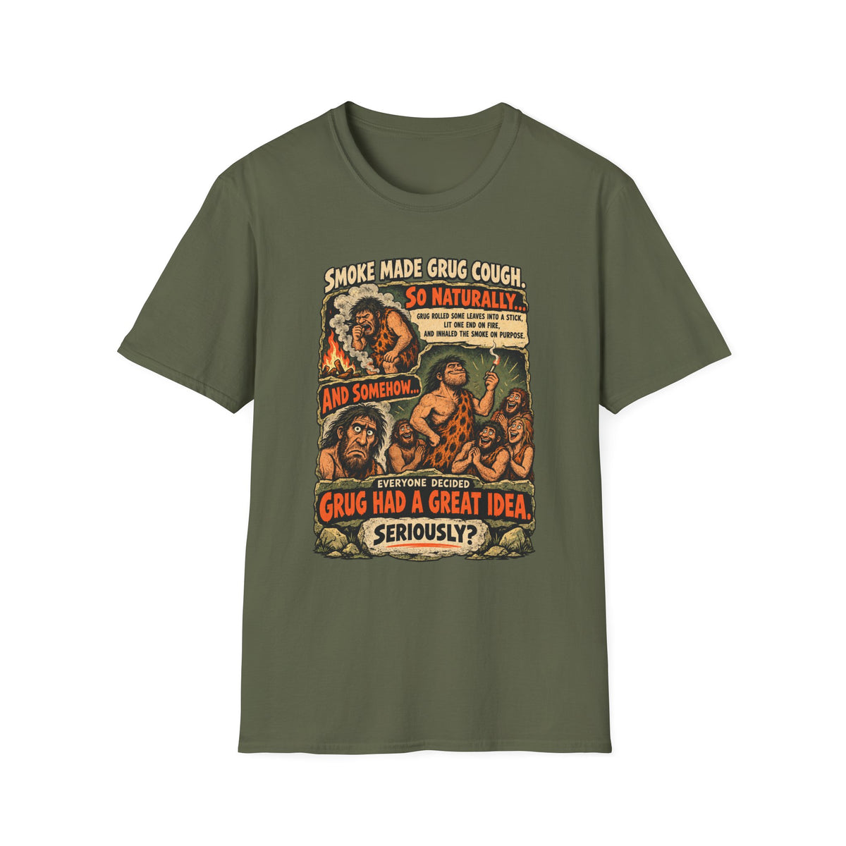 Grug Smoking Caveman Comic Tee T-Shirt | Vintage Caveman Illustration, Humorous Primitive Design
