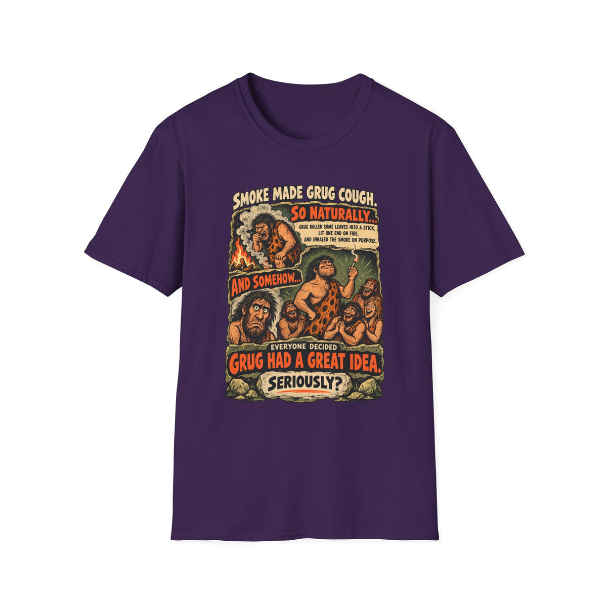 Grug Smoking Caveman Comic Tee T-Shirt | Vintage Caveman Illustration, Humorous Primitive Design