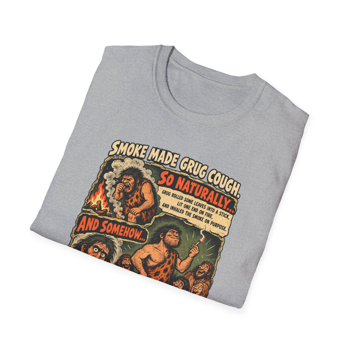 Grug Smoking Caveman Comic Tee T-Shirt | Vintage Caveman Illustration, Humorous Primitive Design