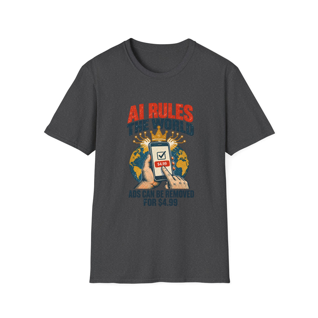 AI Rules the World T-Shirt | Retro Globe, App Popup 'Ads Can Be Removed for 4.99'