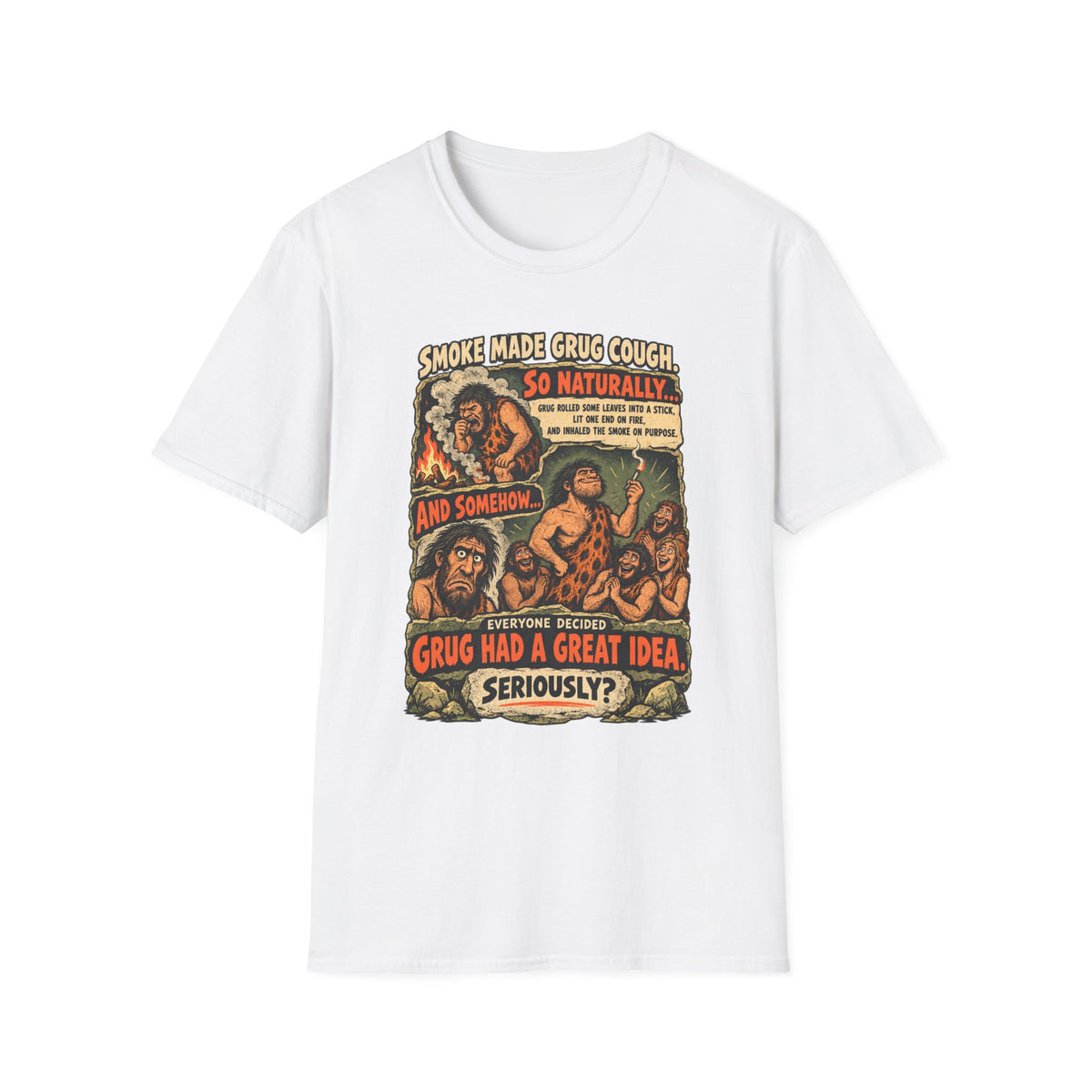 Grug Smoking Caveman Comic Tee T-Shirt | Vintage Caveman Illustration, Humorous Primitive Design