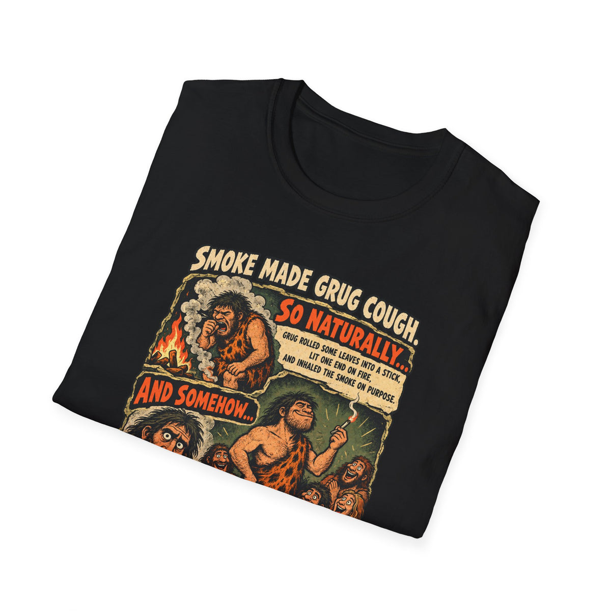 Grug Smoking Caveman Comic Tee T-Shirt | Vintage Caveman Illustration, Humorous Primitive Design