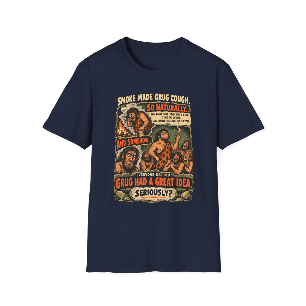 Grug Smoking Caveman Comic Tee T-Shirt | Vintage Caveman Illustration, Humorous Primitive Design