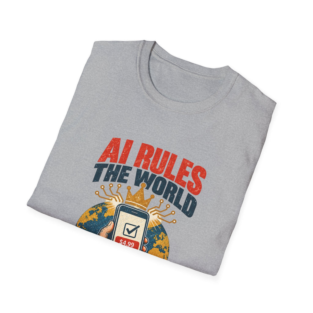AI Rules the World T-Shirt | Retro Globe, App Popup 'Ads Can Be Removed for 4.99'