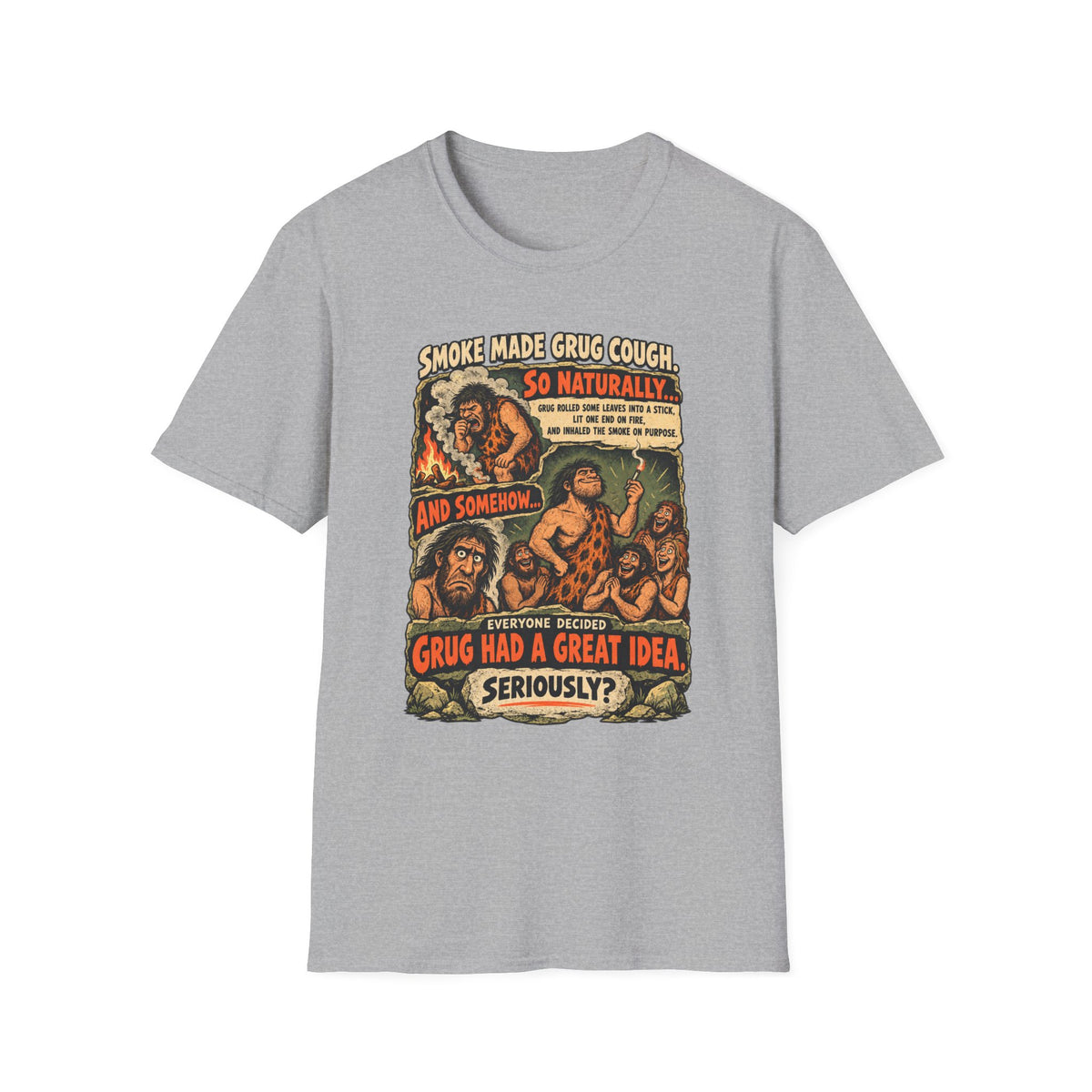 Grug Smoking Caveman Comic Tee T-Shirt | Vintage Caveman Illustration, Humorous Primitive Design